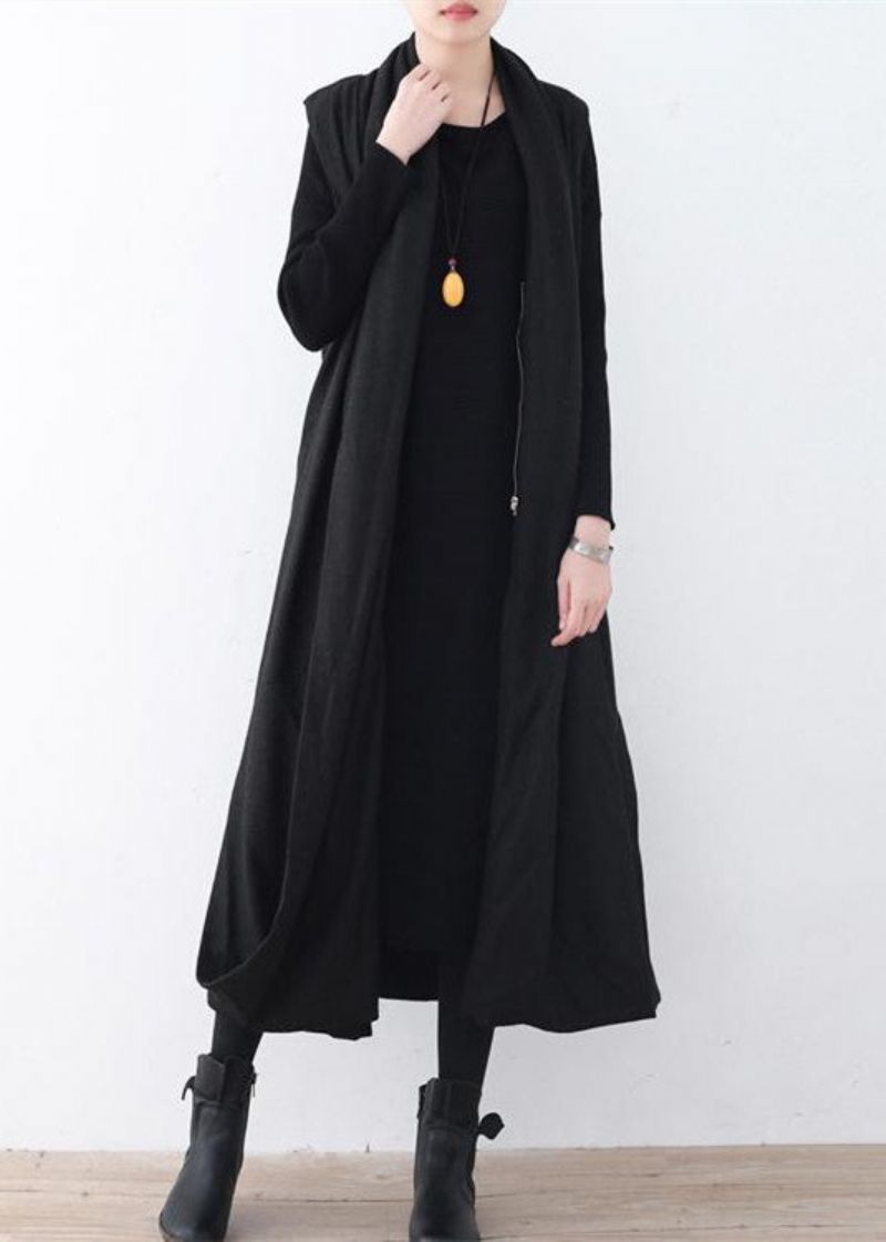 Luxe Zwarte Wollen Lange Jas Oversized Maxi-jas Met Asymmetrische Zoom Mouwloze Damesjassen - Dames wollen jassen