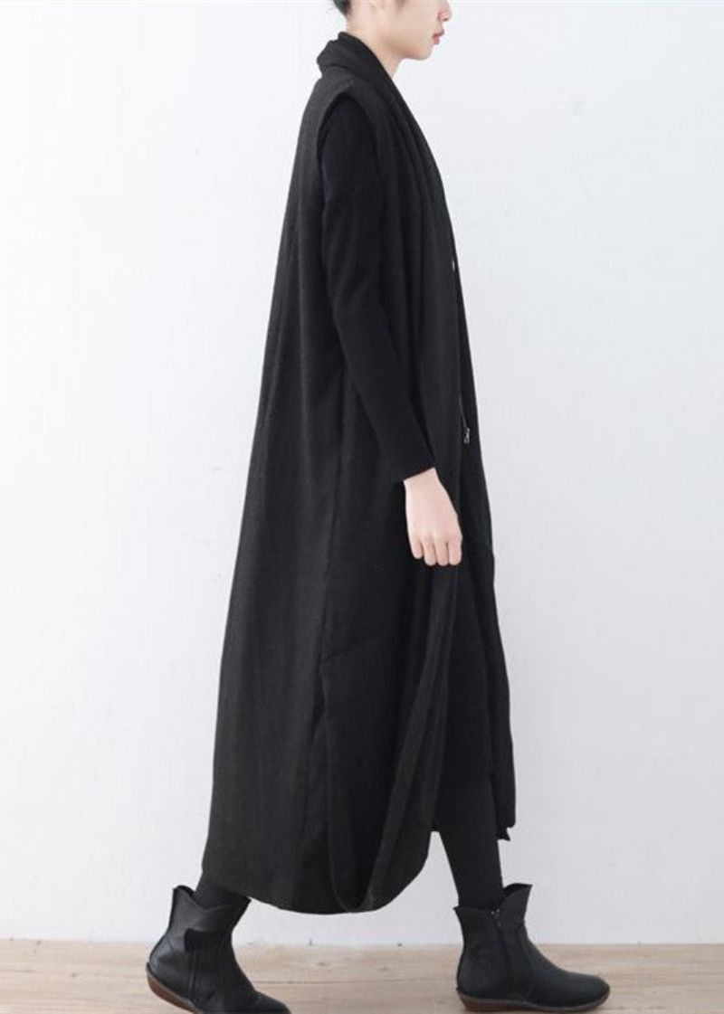 Luxe Zwarte Wollen Lange Jas Oversized Maxi-jas Met Asymmetrische Zoom Mouwloze Damesjassen - Dames wollen jassen