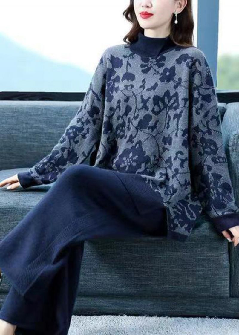 Marineblauwe Print Patchwork Wollen Tweedelige Pakset Asymmetrisch Herfst - Dames wollen jassen