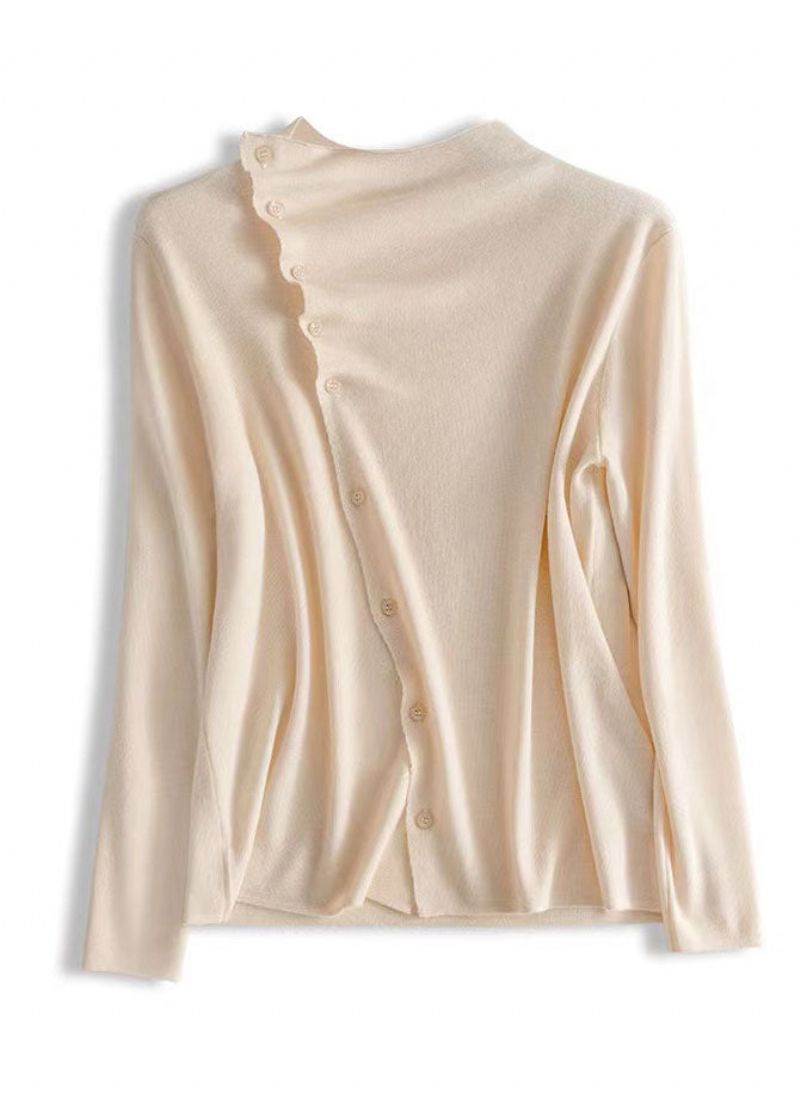 Mode Beige Asymmetrische Gerimpelde Wollen Gebreide Trui Met Knopen Lente - Dames wollen jassen