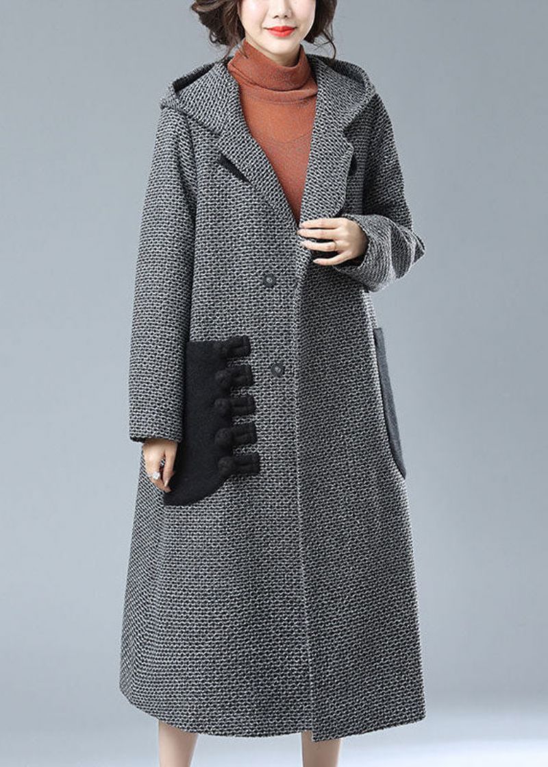 Mode Grijze Zakken Met Capuchon Patchwork Wollen Trenchcoats Winter - Grijs