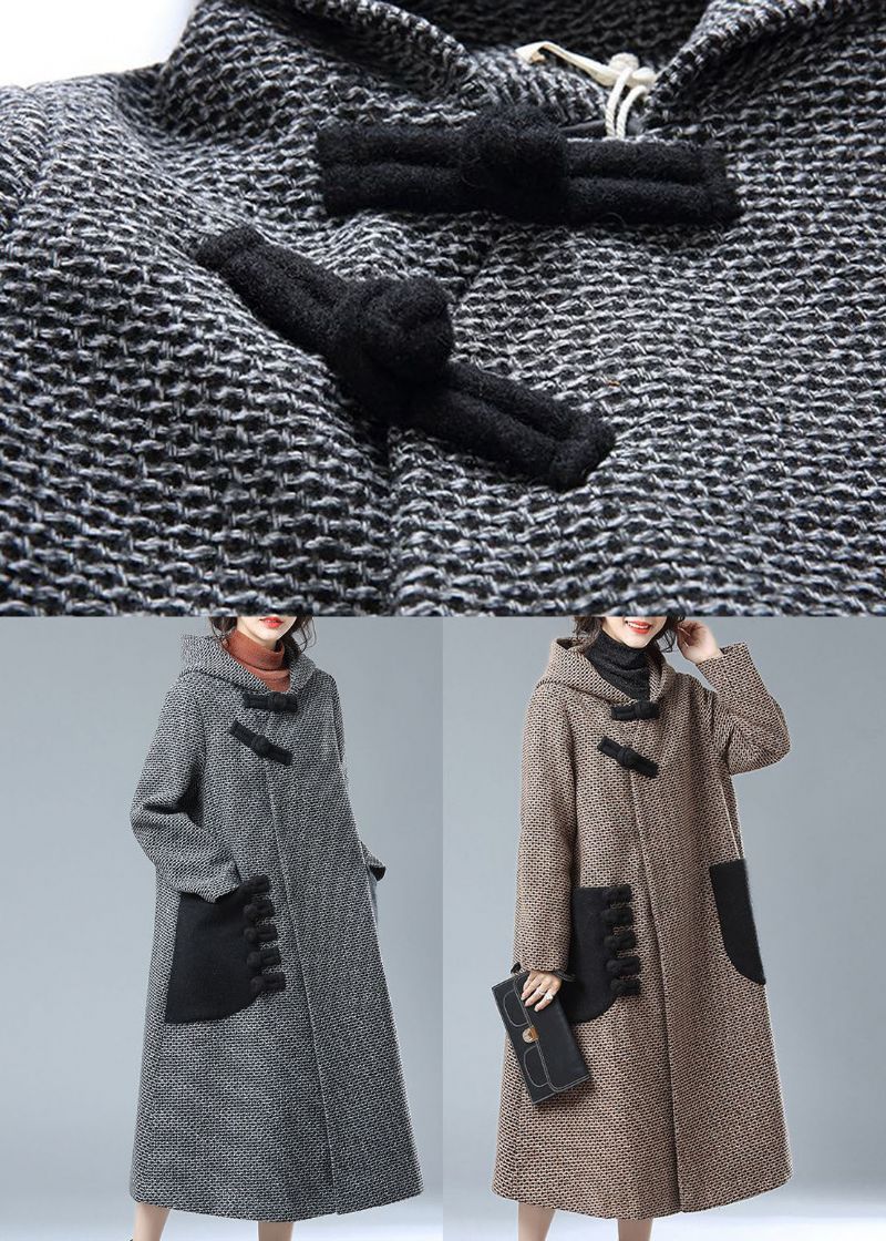 Mode Grijze Zakken Met Capuchon Patchwork Wollen Trenchcoats Winter - Grijs