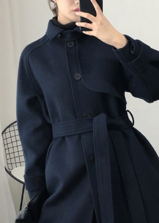 Mode Loszittende Trenchcoat Lente Marineblauwe Wollen Jas Met Striktaille