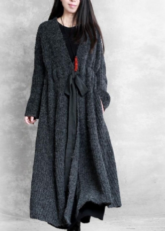 Mode Oversized Lange Winterjas Donkergrijze Wollen Jas Met V-hals En Trekkoord Voor Dames