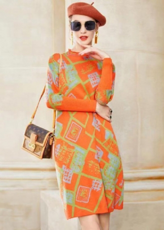 Moderne Oranje Opstaande Kraag Jacquard Patchwork Wollen Jurk Winter