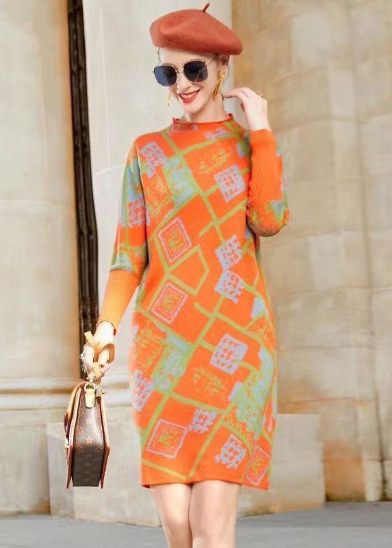 Moderne Oranje Opstaande Kraag Jacquard Patchwork Wollen Jurk Winter - Dames wollen jassen