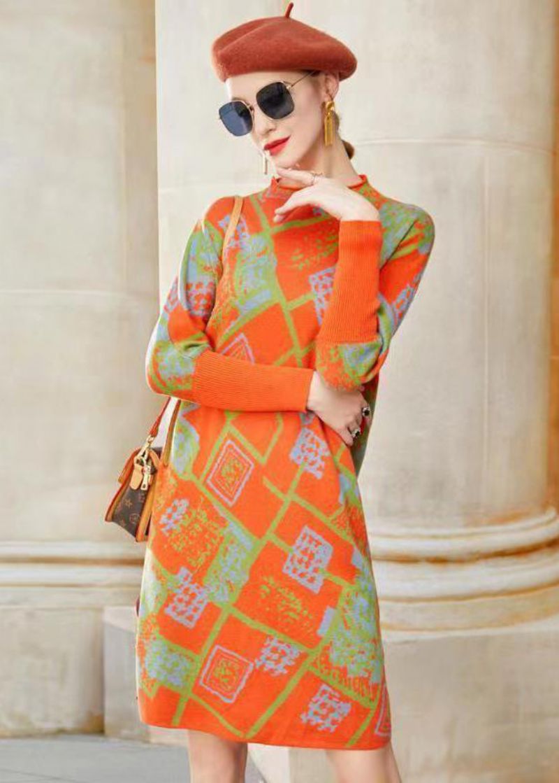 Moderne Oranje Opstaande Kraag Jacquard Patchwork Wollen Jurk Winter - Dames wollen jassen