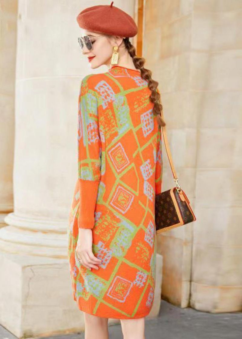 Moderne Oranje Opstaande Kraag Jacquard Patchwork Wollen Jurk Winter - Dames wollen jassen