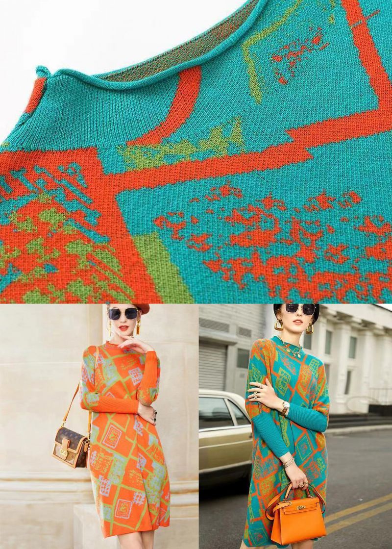 Moderne Oranje Opstaande Kraag Jacquard Patchwork Wollen Jurk Winter - Dames wollen jassen