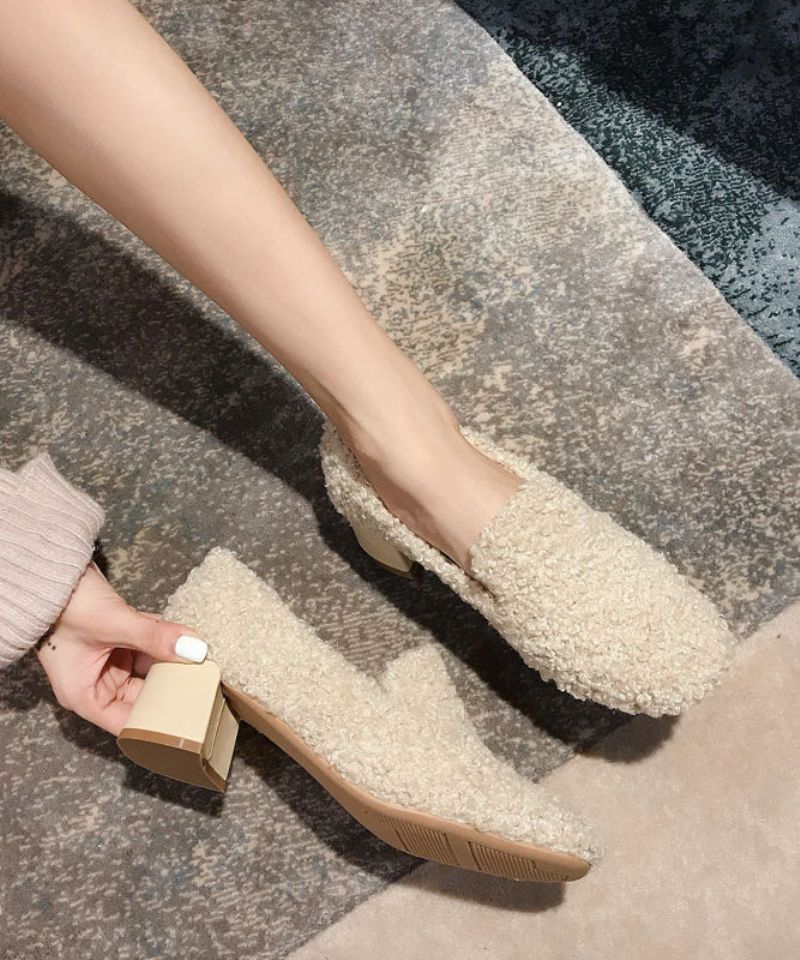 Modieuze Beige Teddy Loafers Met Dikke Hak Pluizige Met Wol Gevoerde Penny-loafers