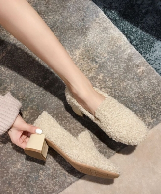 Modieuze Beige Teddy Loafers Met Dikke Hak Pluizige Met Wol Gevoerde Penny-loafers