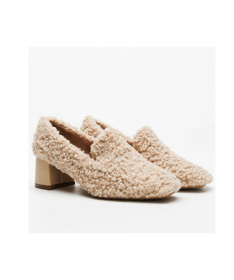 Modieuze Beige Teddy Loafers Met Dikke Hak Pluizige Met Wol Gevoerde Penny-loafers - Dames wollen jassen