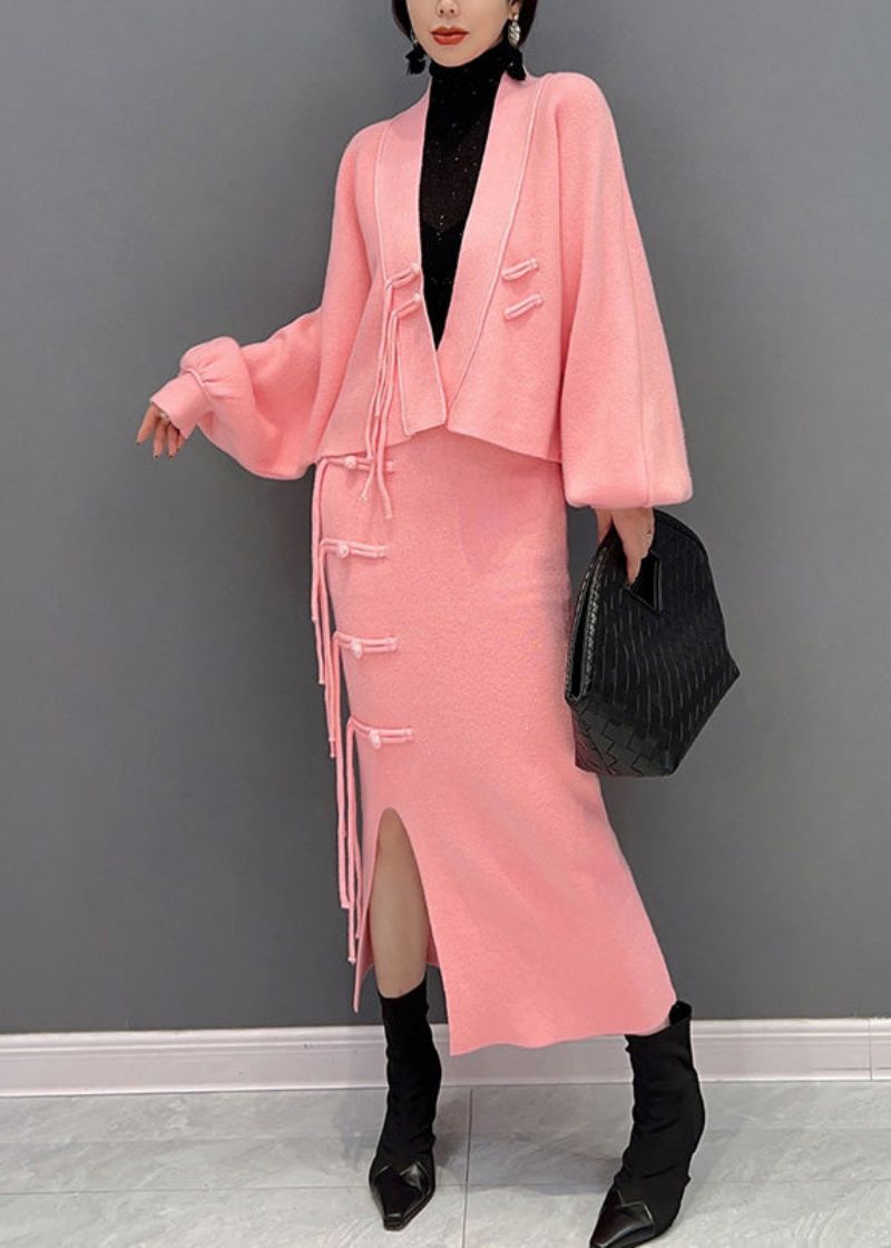 Mooie Roze Wollen Top Met V-hals En Maxi-rokken Tweedelige Set Winter