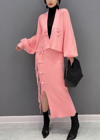 Mooie Roze Wollen Top Met V-hals En Maxi-rokken Tweedelige Set Winter