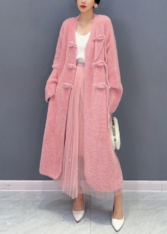 Mooie Roze Wollen Trenchcoat Met Lange Mouwen En V-hals