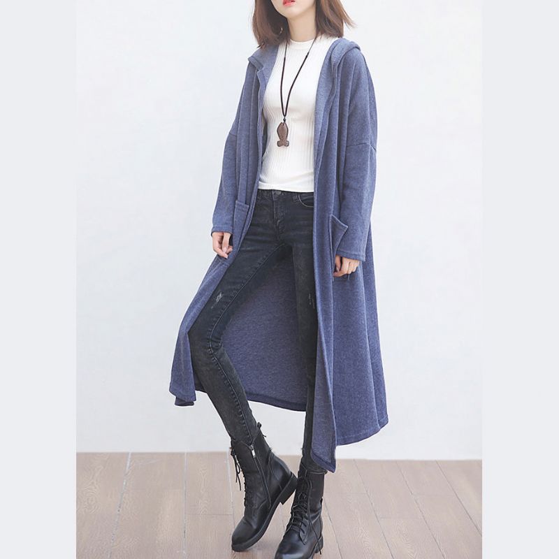 Nieuwe Blauwe Wollen Overjas Plus Size Kleding Grote Zakken Trenchcoat Met Capuchon Uitloper