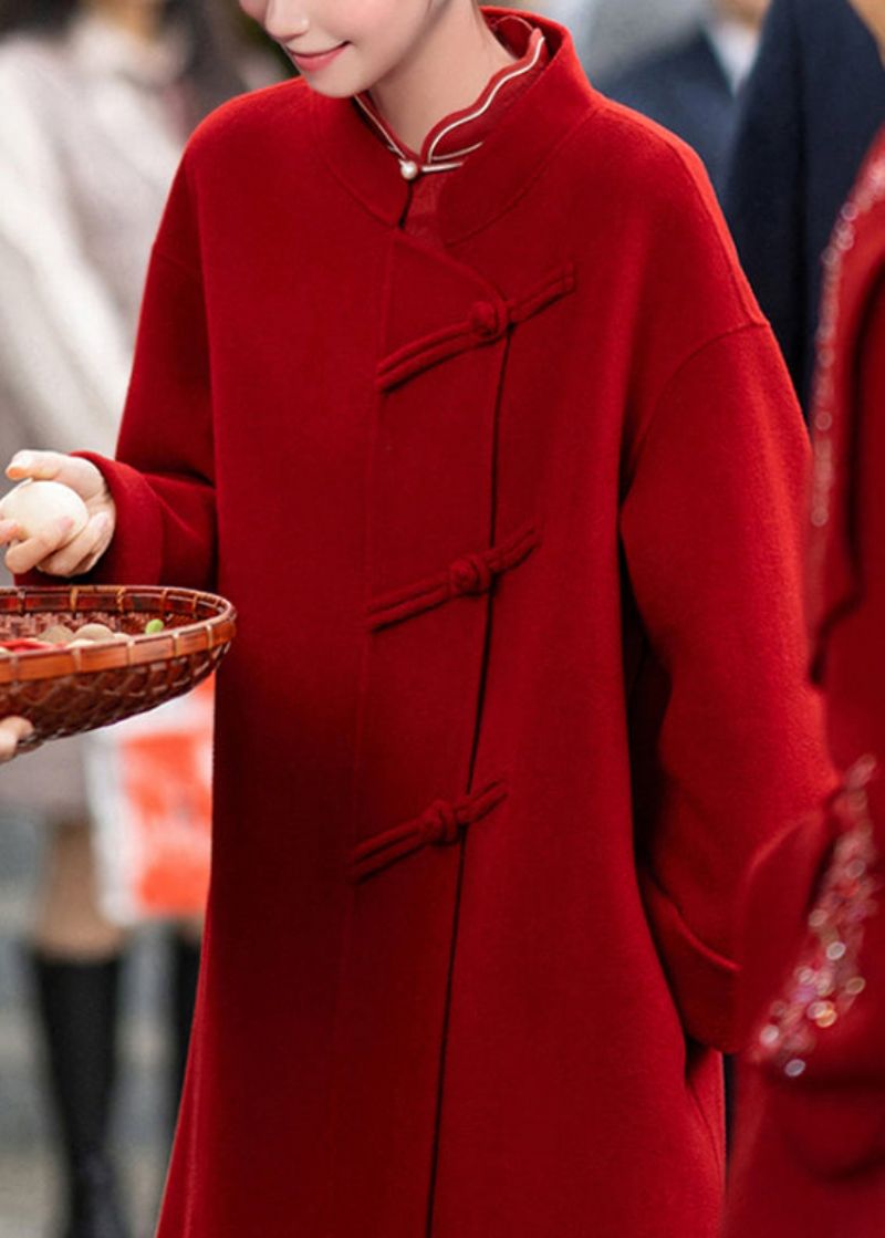 Nieuwe Chinese Stijl Rode Opstaande Kraag Oosterse Knoop Wollen Jas Herfst - Dames wollen jassen