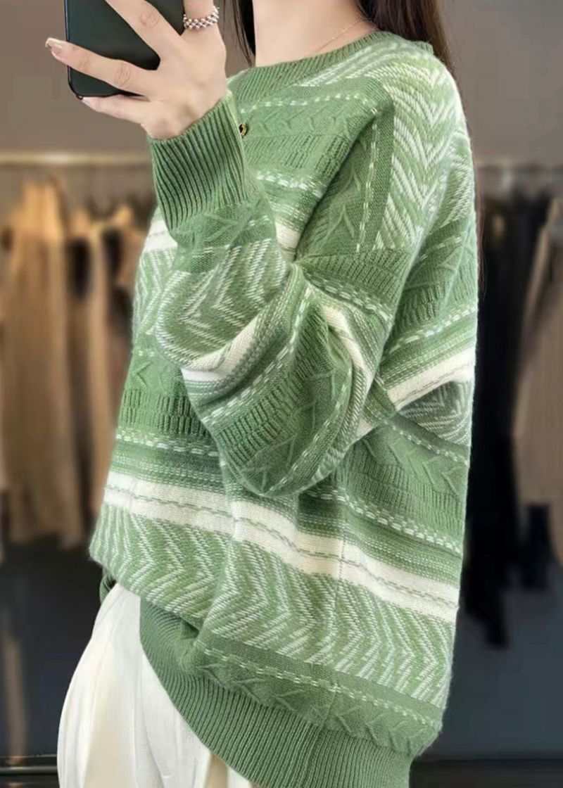 Nieuwe Groene O-hals Patchwork Gezellige Wollen Truien Herfst - Dames wollen jassen