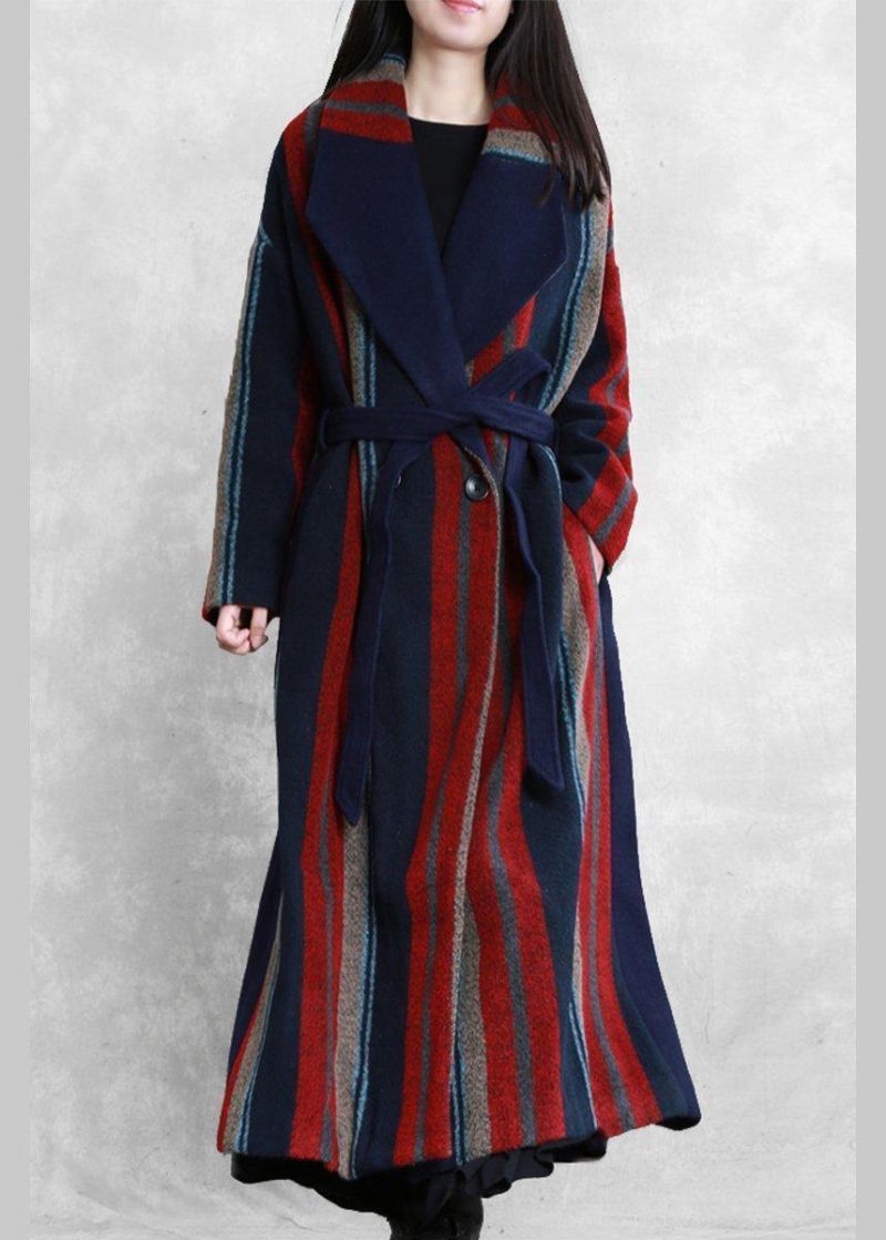 Nieuwe Plus Size Maxi-jas Blauw Rood Gestreept Wollen Jassen Met Strikband In De Taille