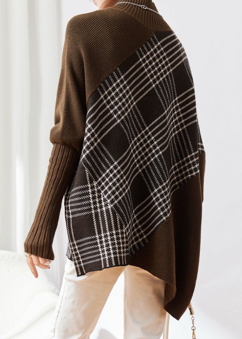 Originele Oversized Koffie Asymmetrische Patchwork Wollen Truien Winter - Dames wollen jassen