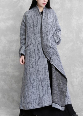 Oversized Lange Jas Dames Grijze Asymmetrische Zakken Wollen Jassen