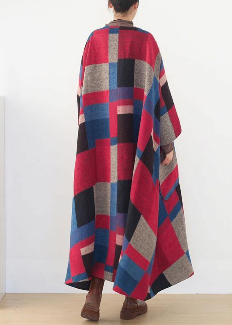 Oversized Maxi-jas Winter Kasjmier Jasrode Geruite Mode Wollen Uitloper - Rood