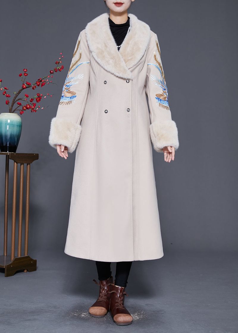 Plus Maat Beige Bontkraag Geborduurd Dubbele Borst Wollen Trenchcoat Winter