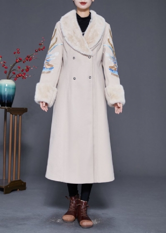 Plus Maat Beige Bontkraag Geborduurd Dubbele Borst Wollen Trenchcoat Winter