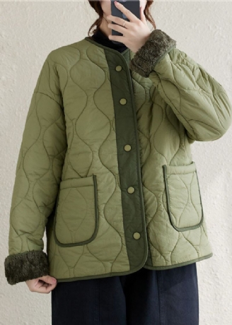 Plus Maat Legergroen O-hals Patchwork Zakken Knoop Fleece Wol Gevoerde Parka Winter