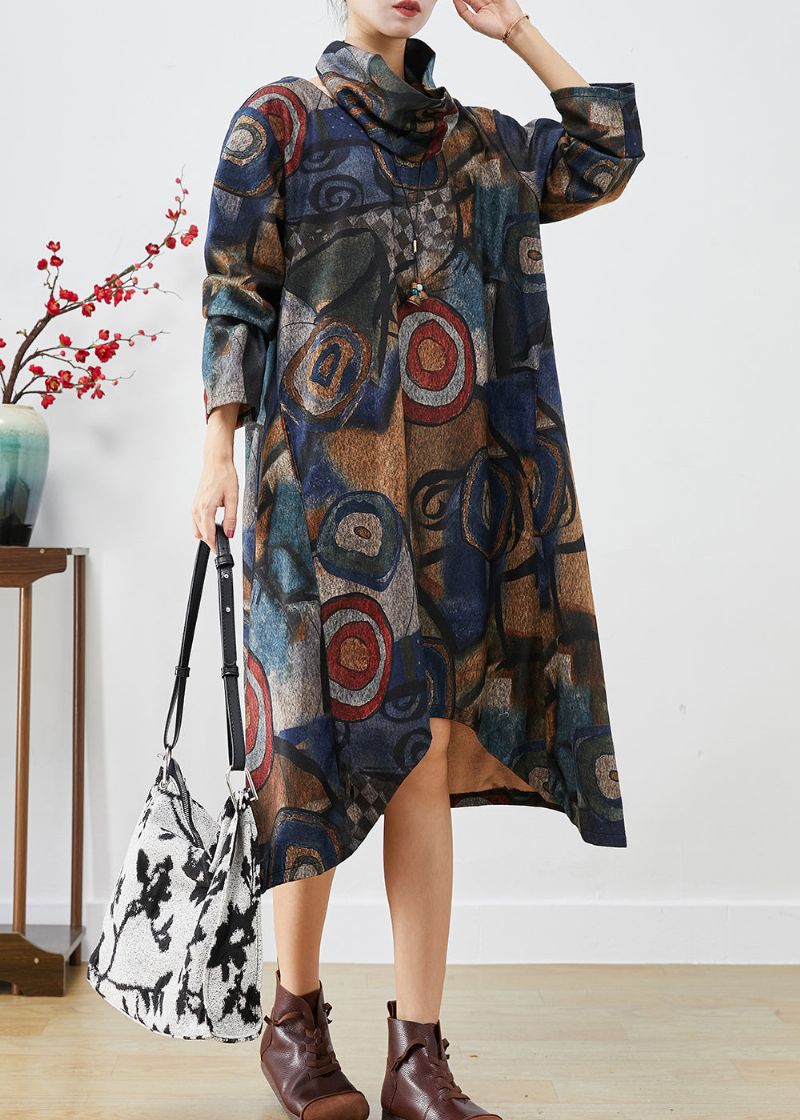 Plus-maat Marineblauwe Wollen Jurk Met Oversized Print Tweedelige Set Herfst