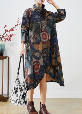 Plus-maat Marineblauwe Wollen Jurk Met Oversized Print Tweedelige Set Herfst