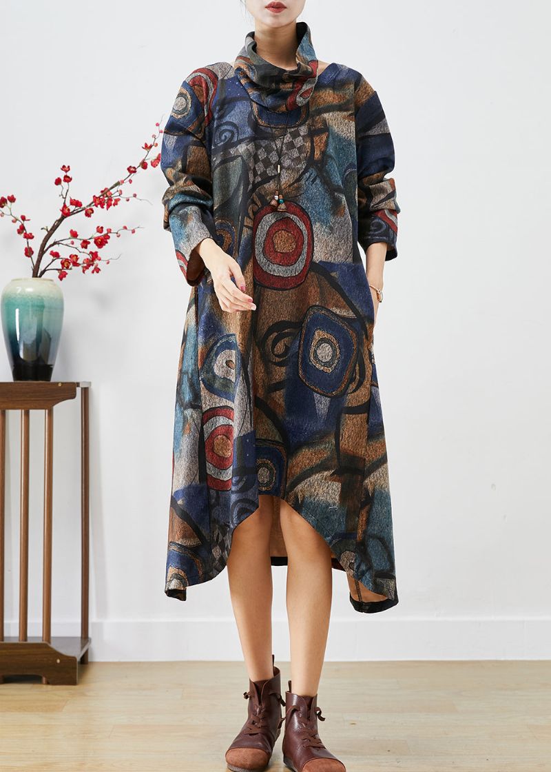 Plus-maat Marineblauwe Wollen Jurk Met Oversized Print Tweedelige Set Herfst - Dames wollen jassen