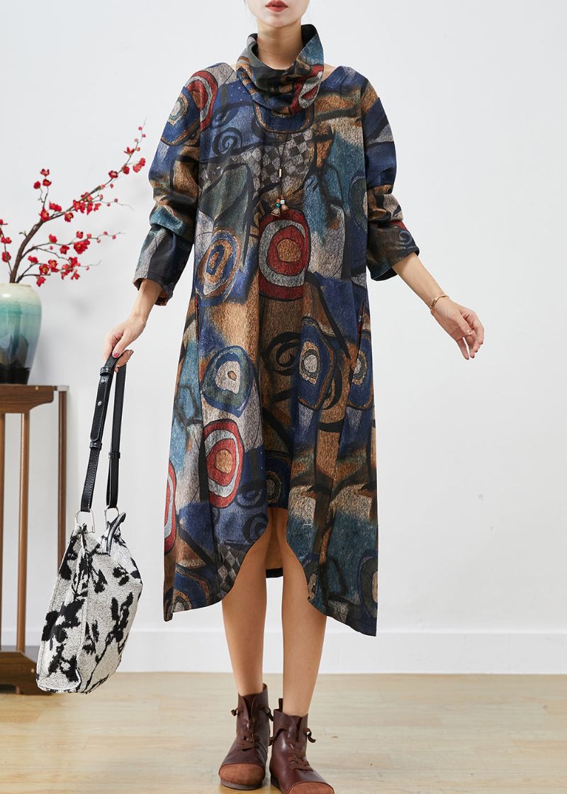 Plus-maat Marineblauwe Wollen Jurk Met Oversized Print Tweedelige Set Herfst - Dames wollen jassen