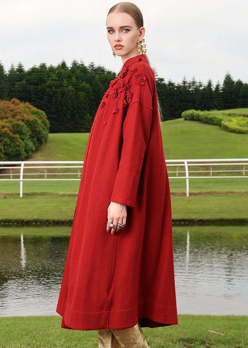 Plus Maat Rood Geborduurd Bloemenwollen Lang Vest Herfst - Dames wollen jassen