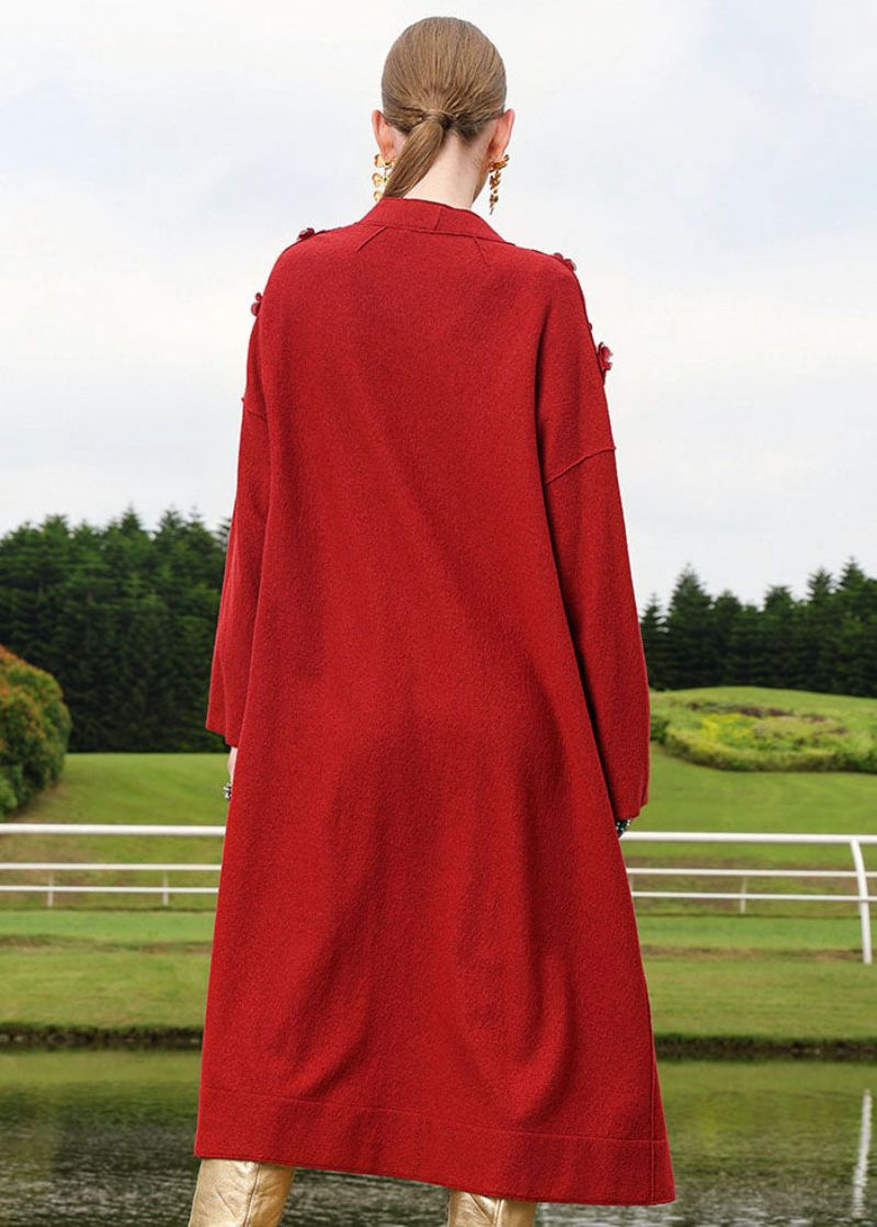 Plus Maat Rood Geborduurd Bloemenwollen Lang Vest Herfst - Dames wollen jassen