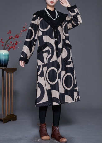 Plus Maat Zwarte Capuchon Print Fleece Wol Gevoerde Trenchcoat Winter