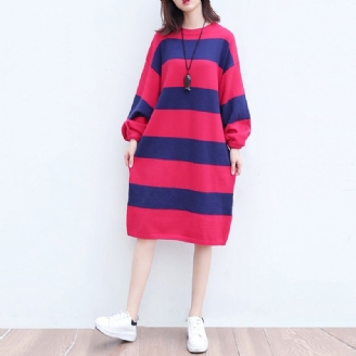 Plus Size Casual Wollen Gebreide Jurken Rood Blauw Gestreept Patchwork Oversized Trui-jurk Met Lange Mouwen