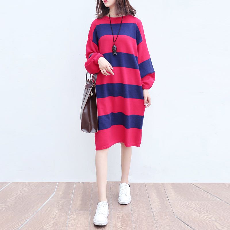 Plus Size Casual Wollen Gebreide Jurken Rood Blauw Gestreept Patchwork Oversized Trui-jurk Met Lange Mouwen - Rood Blauw