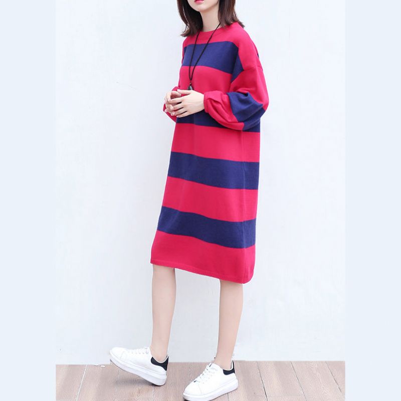 Plus Size Casual Wollen Gebreide Jurken Rood Blauw Gestreept Patchwork Oversized Trui-jurk Met Lange Mouwen - Rood Blauw