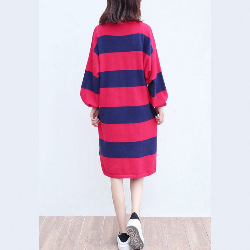 Plus Size Casual Wollen Gebreide Jurken Rood Blauw Gestreept Patchwork Oversized Trui-jurk Met Lange Mouwen - Rood Blauw