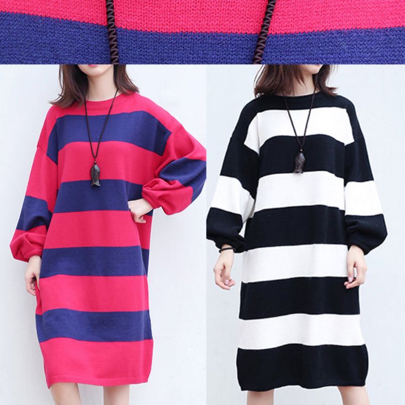 Plus Size Casual Wollen Gebreide Jurken Rood Blauw Gestreept Patchwork Oversized Trui-jurk Met Lange Mouwen - Rood Blauw