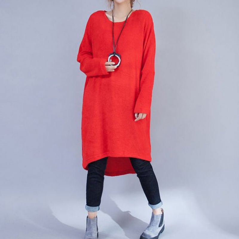 Plus Size Casual Wollen Jurken Rode Mode Lage Hoge Trui Jurk - Rood