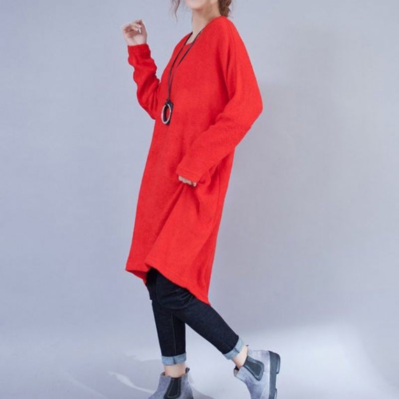 Plus Size Casual Wollen Jurken Rode Mode Lage Hoge Trui Jurk - Rood