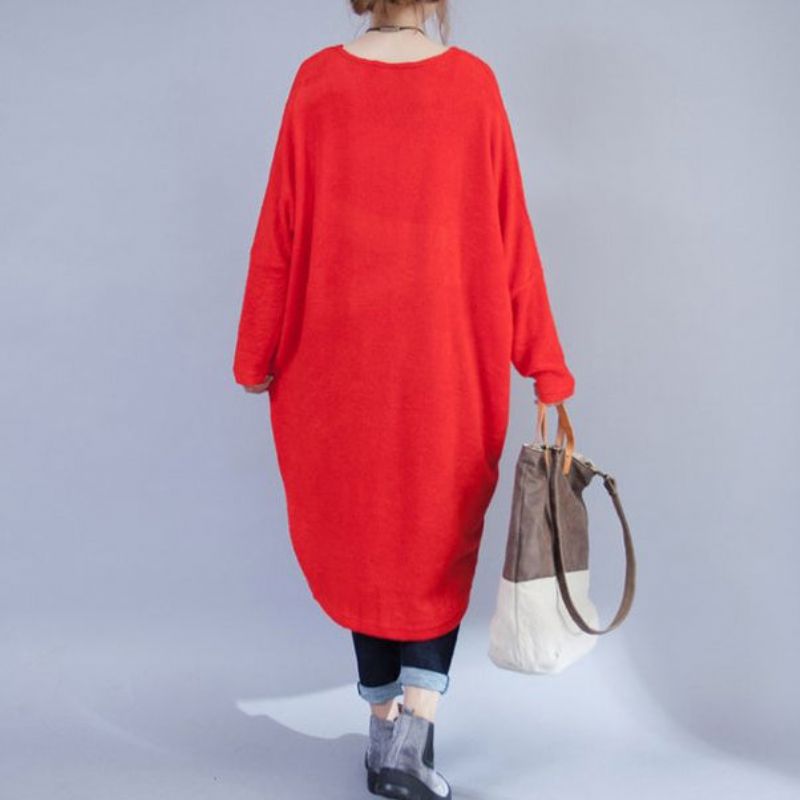 Plus Size Casual Wollen Jurken Rode Mode Lage Hoge Trui Jurk - Rood