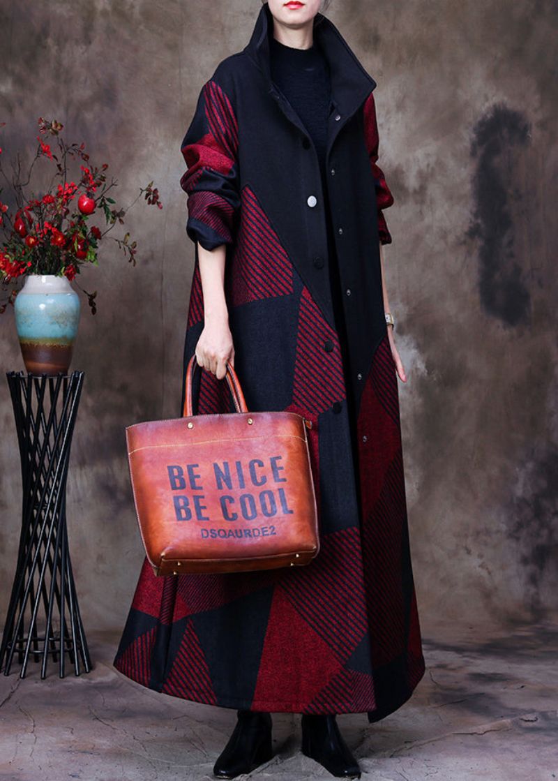 Plus Size Mulberry Opstaande Kraag Asymmetrische Patchwork Knoop Wollen Maxi-jas Met Lange Mouwen