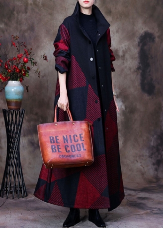 Plus Size Mulberry Opstaande Kraag Asymmetrische Patchwork Knoop Wollen Maxi-jas Met Lange Mouwen