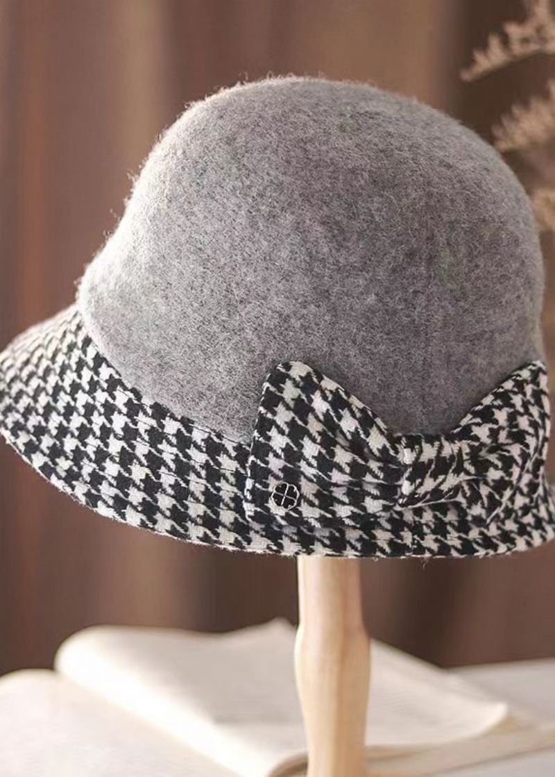 Stijl Elegante Karamel Geruite Strik Wollen Cloche Hoed - Dames wollen jassen