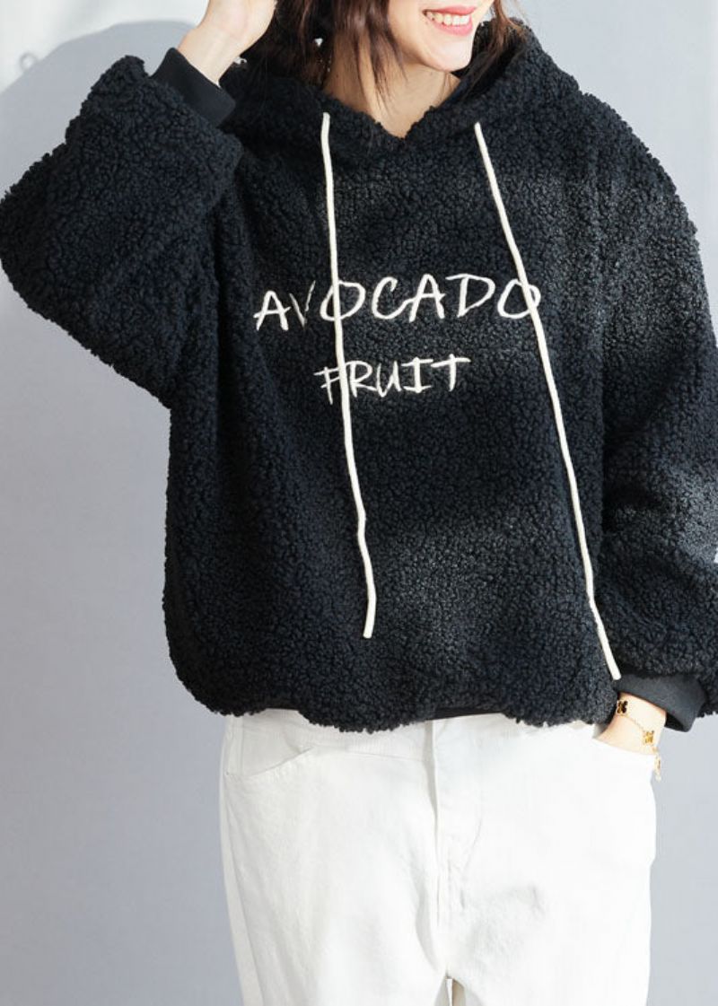 Stijl Zwart Sweatshirt Met Warme Fleecewol En Capuchon Winter - Zwart