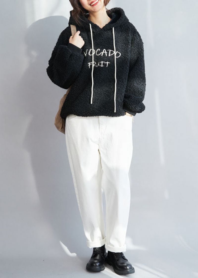 Stijl Zwart Sweatshirt Met Warme Fleecewol En Capuchon Winter - Zwart