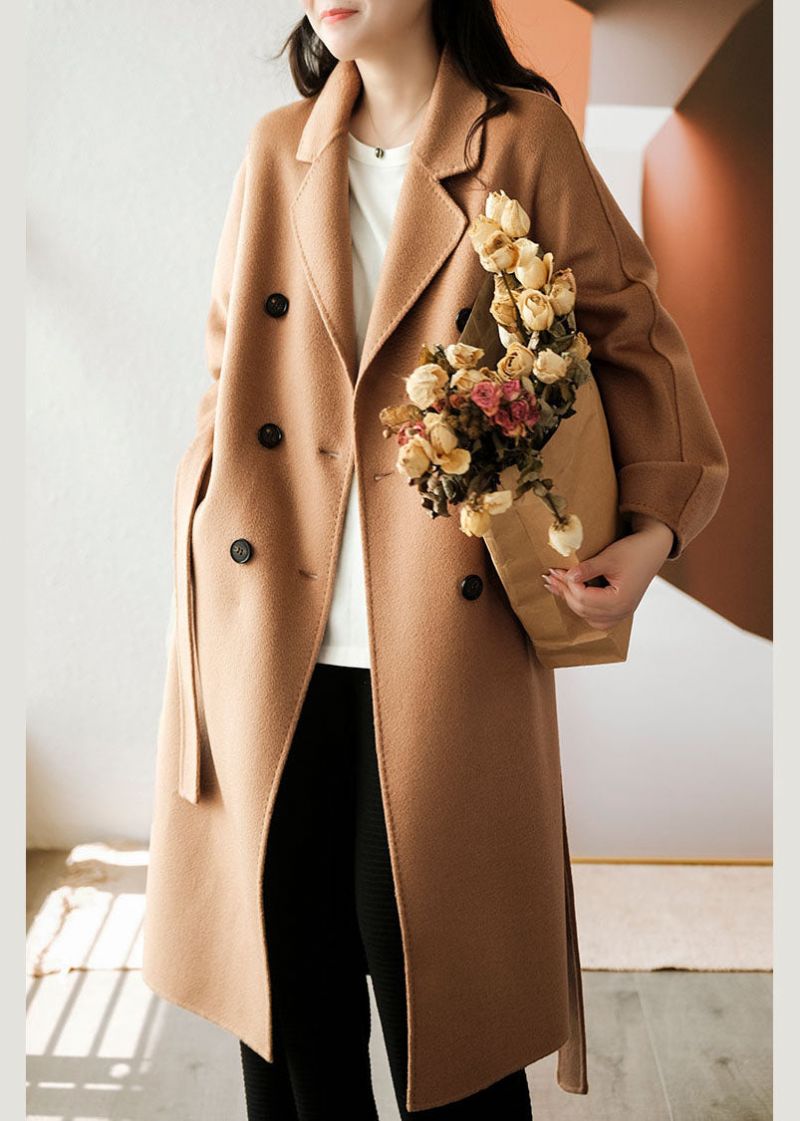 Stijlvolle Licht Camelkleurige Oversized Wollen Trenchcoats Met Dubbele Rij Knopen Winter